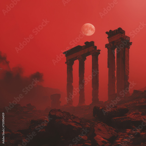 Close up shot of ancient ruins against a red sky in a minimalist style
