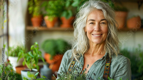 smiling mature woman picking up herbs from own home plants. Individual cultivating a herb garden at home.