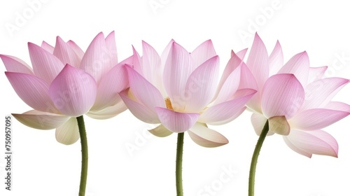 a group of three pink flowers sitting on top of a white table next to each other on top of a white surface.