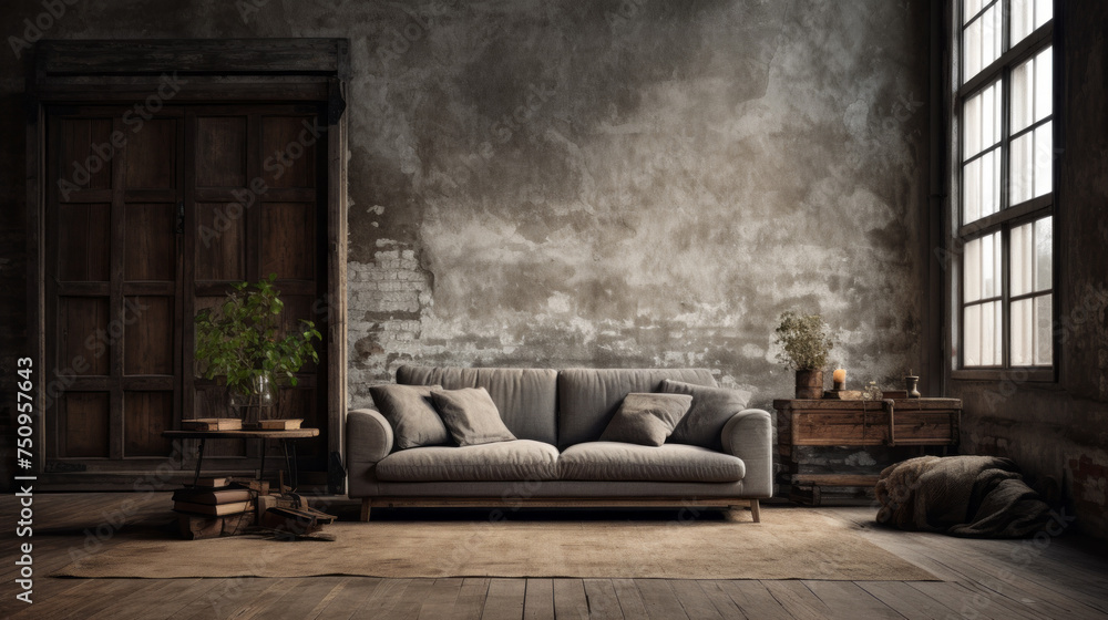 A rustic living room with textured walls in shades of grey and brown