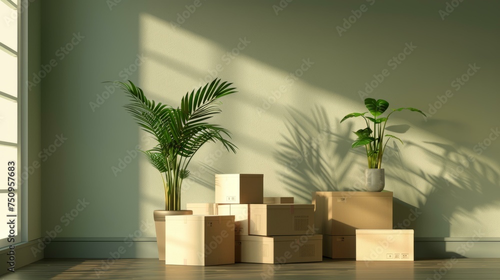 Moving in. Stack of cardboard boxes in the empty room with copy space Moving in. Stack of cardboard boxes in the empty room with copy space