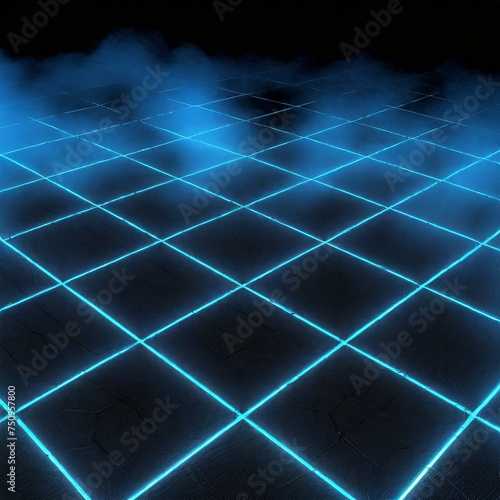Trójwymiarowa przestrzeń z neonowymi, kwadratowymi płytkami i mgłą na czarnym tle