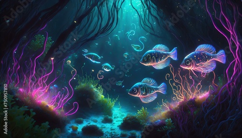 Fantazyjna, neonowa ilustracja z rybami i podwodną roślinnością
