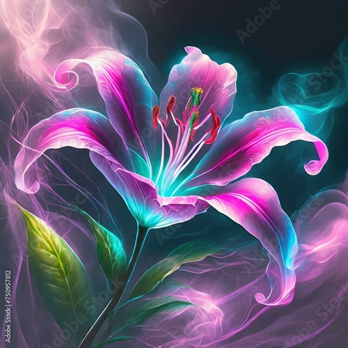 Kwiat lilii w neonowych, opalizujących kolorach spowity mgłą na czarnym tle