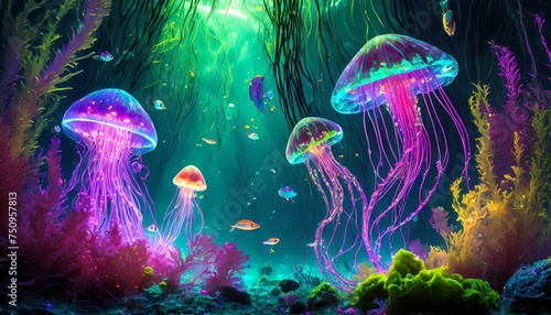 Fantazyjna, neonowa ilustracja z meduzami i podwodną roślinnością