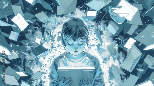 young kids media addiction, small boy around gadgets illustration photo