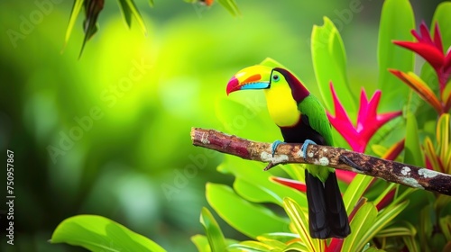 a colorful bird perched on top of a tree branch next to a lush green forest filled with red and yellow flowers. photo
