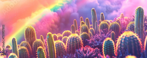 Overhead shot of a group of cacti basking in the summer heat with a rainbow stretching across the sky in a simple and elegant style