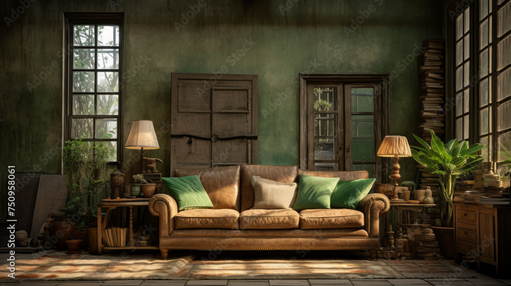 A rustic living room featuring textured walls in shades of green and brown A rustic living room featuring textured walls in shades of green and brown