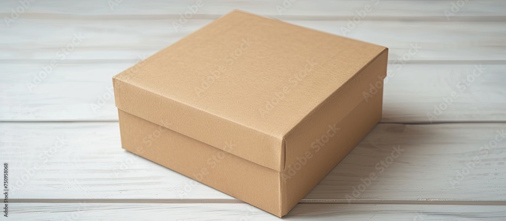 A closed, square-shaped eco-friendly cardboard package is positioned on top of a white wooden floor. The contrast between the brown box and the white background creates a simple yet effective visual