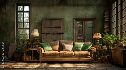 A rustic living room featuring textured walls in shades of green and brown