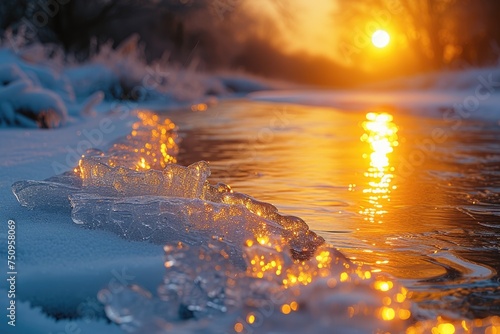 reflection of the sunset in the icy river. cracked ice on the river. pieces of ice on the river. © Irina Mikhailichenko
