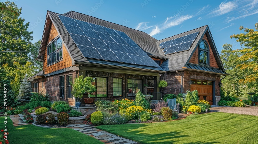 Solar Panels on House: Image of photovoltaics on a black roof with a sky. Concept of sustainable energy.
Solar Panels on House: Image of photovoltaics on a black roof with a sky. Concept of sustainable energy.
