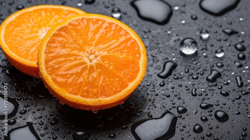 a couple of oranges sitting on top of a table covered in drops of water on top of a black surface.