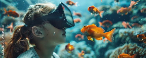Underwater VR adventure child learns with fish hologram minimalist technology close up sea exploration