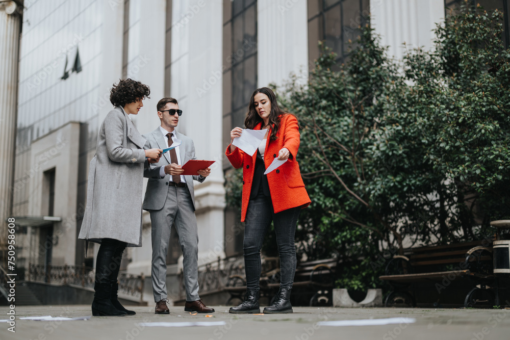 Three business professionals engage in a discussion with documents on a busy street.
