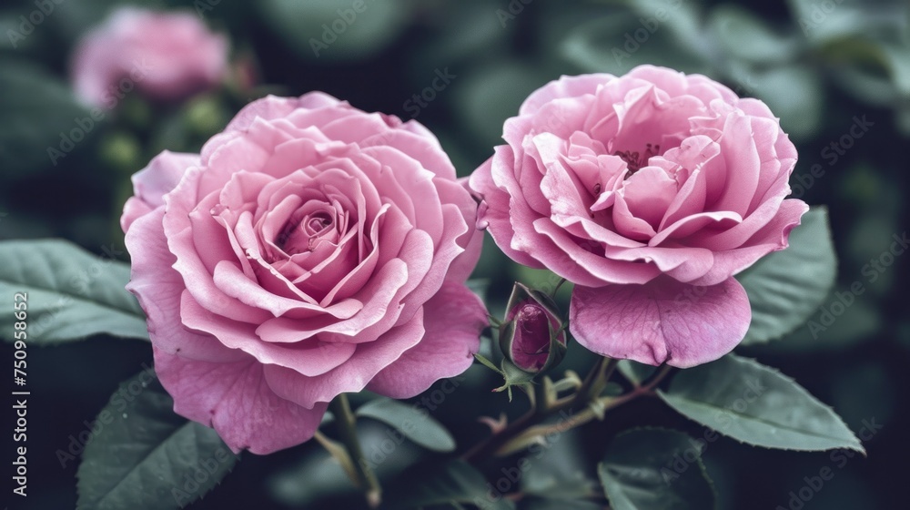 a close up of two pink roses with green leaves in the foreground and a blurry background in the background. a close up of two pink roses with green leaves in the foreground and a blurry background in the background.