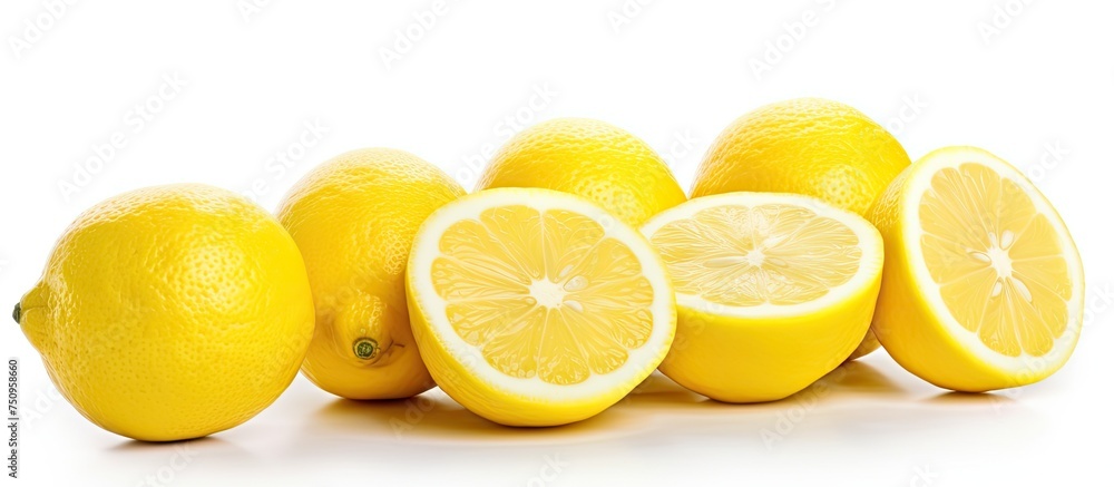 A group of fresh lemons are neatly arranged next to each other on a white background. The vibrant yellow color of the lemons stands out against the white surface.