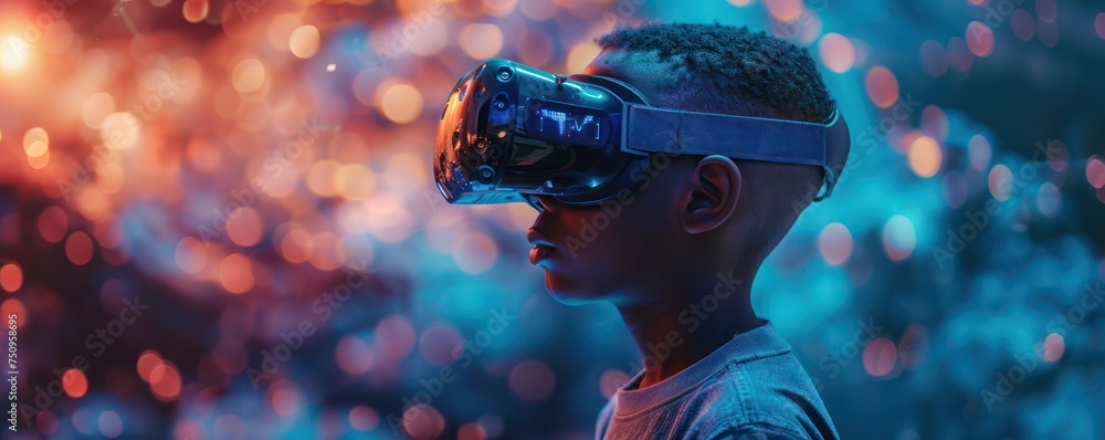 Virtual reality education black boy with hologram minimalist medium shot in perilous environment Virtual reality education black boy with hologram minimalist medium shot in perilous environment
