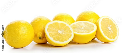 A group of fresh lemons are neatly arranged next to each other on a white background. The vibrant yellow color of the lemons stands out against the white surface.