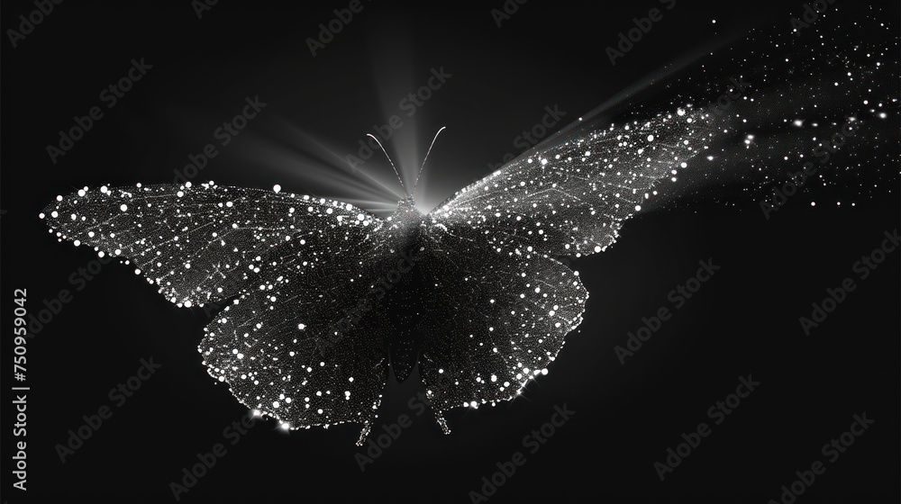 a black and white photo of a butterfly with stars on it's wings and a light shining through the wings. - obrazy, fototapety, plakaty 