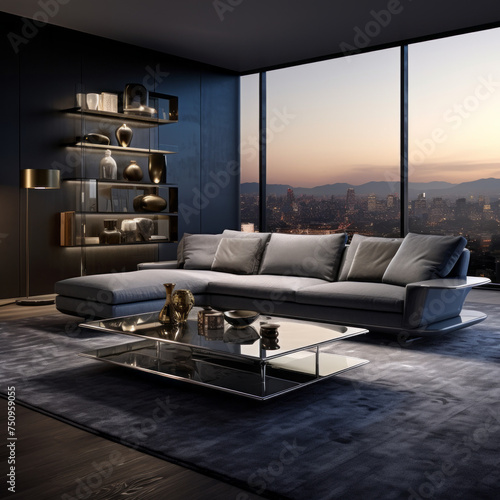 A sleek and modern living space with a plush velvet couch, a large glass coffee table, and plenty of storage options photo