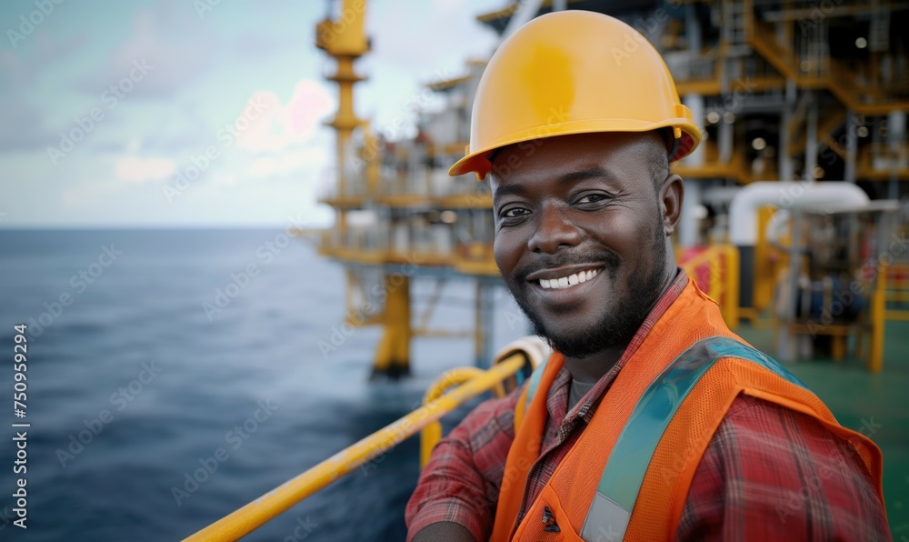 African american offshore oil rig engineer with toothy smile and orange hard hat and safety vest with perfect teeth and toothy smile smiling at camera outdoors African american offshore oil rig engineer with toothy smile and orange hard hat and safety vest with perfect teeth and toothy smile smiling at camera outdoors
