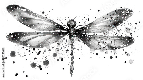 a black and white drawing of a dragonfly with spots of paint splattered on it's wings.