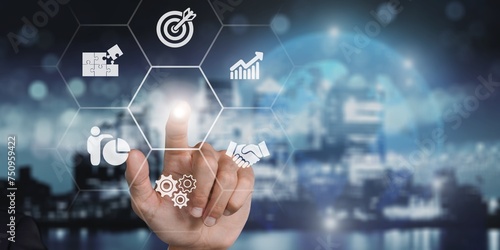 Agenda meeting . Business man with icons on the screen.