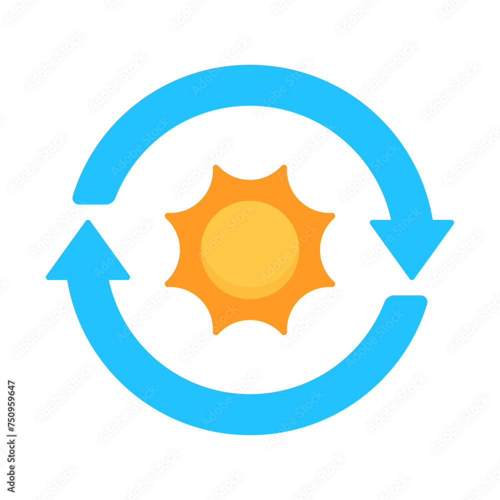 A blue circular arrow with a vibrant sun in the center in flat vector ...