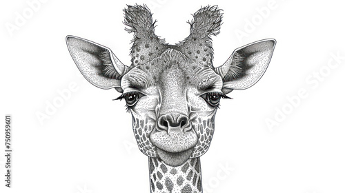 a black and white drawing of a giraffe's face with a long neck and a short neck.
