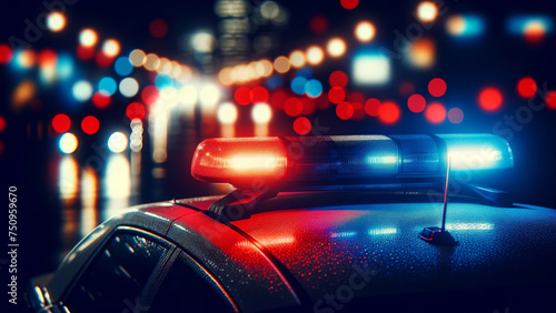 Red and Blue Police Lights Glow Against City Nightlife