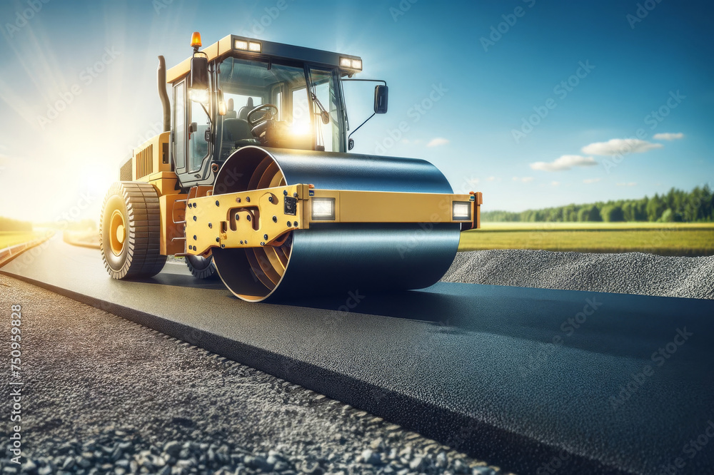 Road Roller in Action on a Freshly Paved Road Road Roller in Action on a Freshly Paved Road