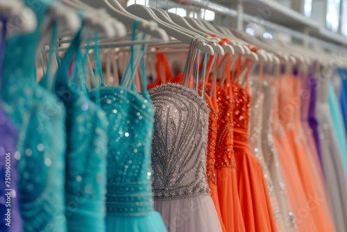 Many colorful elegant formal dresses for sale in luxury modern shop boutique. Prom gown, wedding, evening, bridesmaid dresses dress details. Dress rental for various occasions and events photo