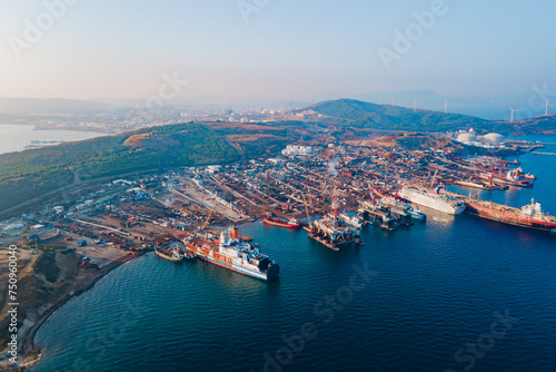 Aerial view of Ship breaking yard in Turkey, Ship recycling breaking down and separating materials