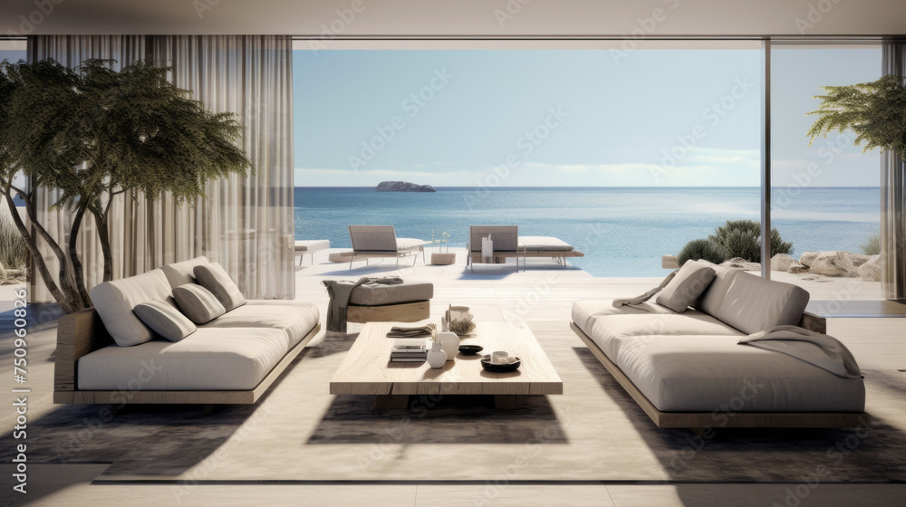Fototapeta premium A sleek and stylish living room featuring AR furniture and a 3D view of the beach landscape
