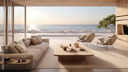 A sleek and stylish living room featuring AR furniture and a 3D view of the beach landscape