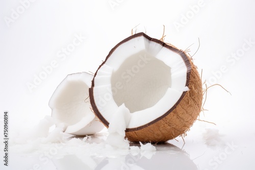 A half cut open coconut with a white interior