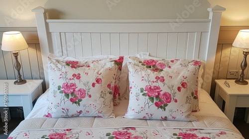 a bed with a white headboard and a white night stand with two lamps on each side of the headboard. photo