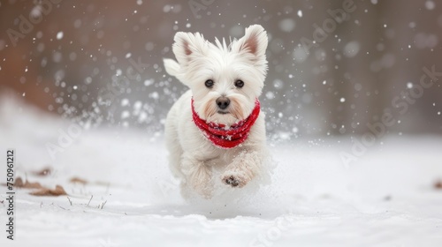 a small white dog wearing a red scarf running in the snow with snow flakes on it's face.
