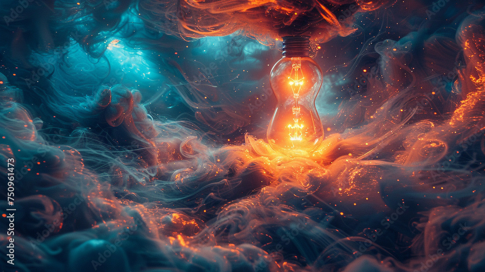 Witness the birth of brilliance with a captivating depiction of a luminous light bulb suspended in a sea of swirling colors, each hue representing a different facet of innovation a - obrazy, fototapety, plakaty 