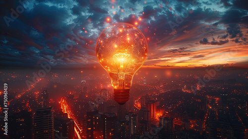 Envision the future of innovation with a mesmerizing depiction of a luminous light bulb hovering above a cityscape, its radiant glow illuminating the path to groundbreaking discove