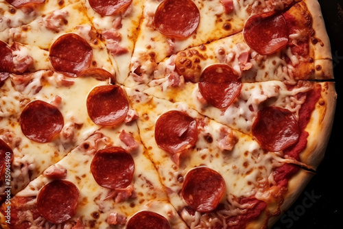 Background of delicious pepperoni pizza with cheese and fresh onion fresh from the oven, arranged together, closeup, top view