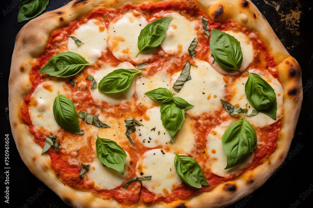 Background of juicy margherita pizza with plenty of cheese and fresh basil just out of the oven, arranged together, closeup, top view Background of juicy margherita pizza with plenty of cheese and fresh basil just out of the oven, arranged together, closeup, top view