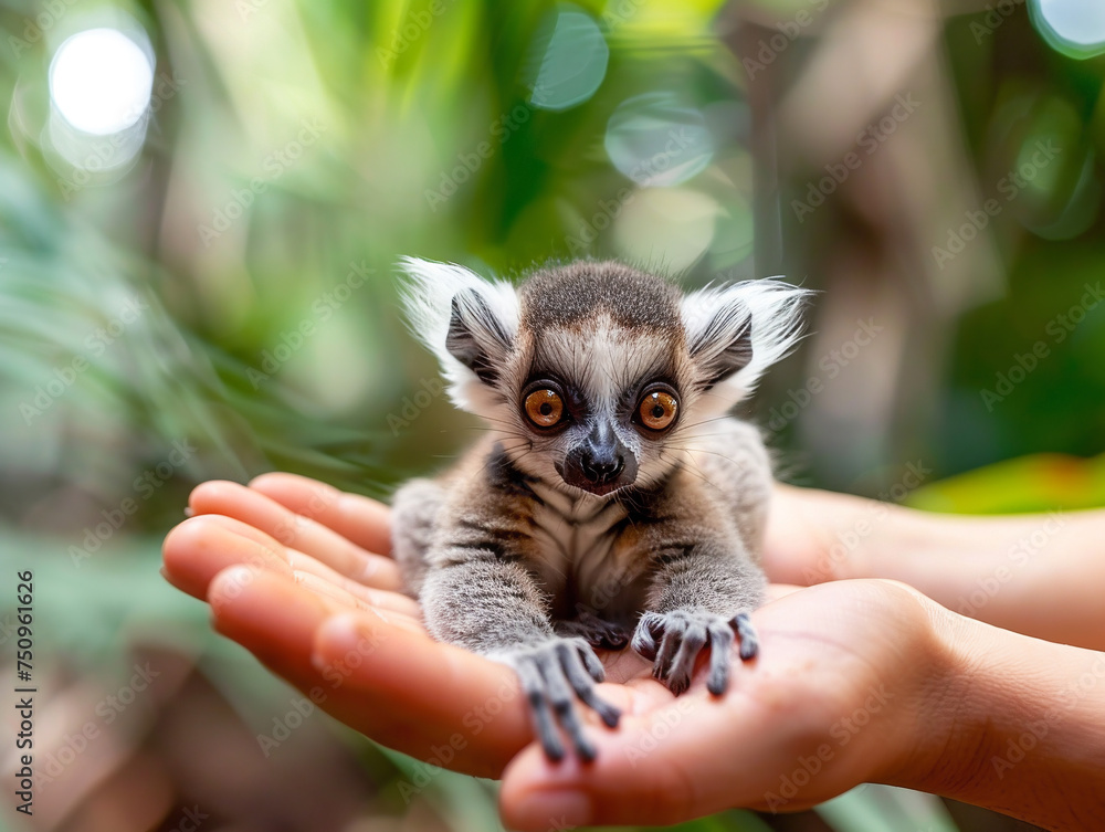Obraz premium Tiny, living monkey lies in palms and looks at the camera, against a backdrop of rainbow tropical flares
