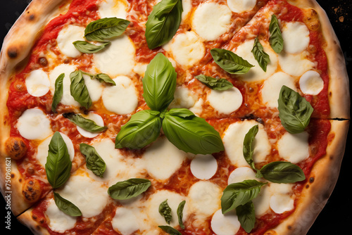 Background of juicy margherita pizza with plenty of cheese and fresh basil just out of the oven, arranged together, closeup, top view