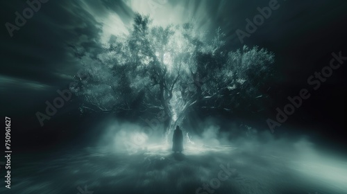 Mysterious forest scene with ethereal light, evoking a magical St. Patrick's Day atmosphere. photo