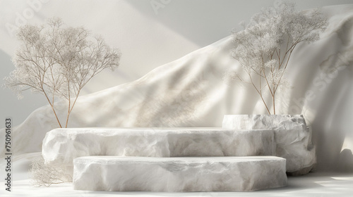 Podium 3D stone platform  white minimalist background  perfect for product highlight  modern presentation
