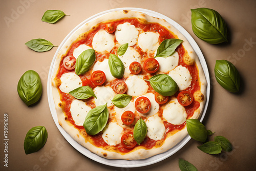 Background of juicy margherita pizza with plenty of cheese and fresh basil just out of the oven, arranged together, closeup, top view