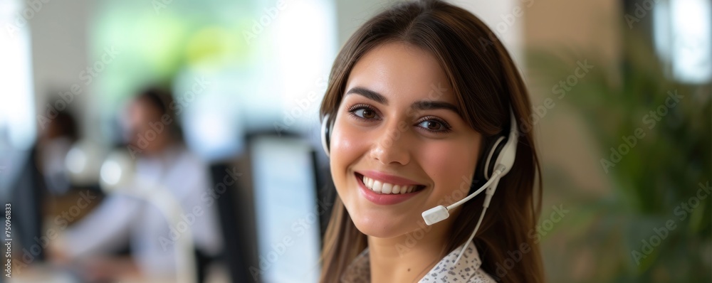 Telemarketing service concept. Communication centre with calling woman Telemarketing service concept. Communication centre with calling woman